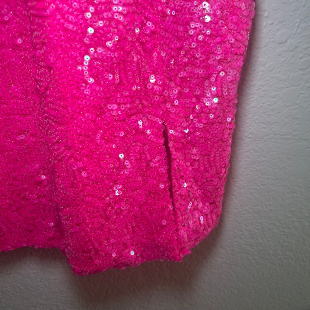 Lucy in the Sky Hot Pink Sequin V-Neck Mini Dress Neon Bodycon Party Size M - Picture 3 of 7